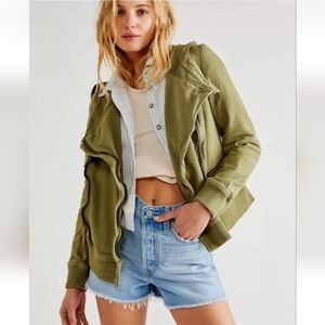 New Free People We The Free Carmen Moto Jacket Top Hoodie Zip Up Green